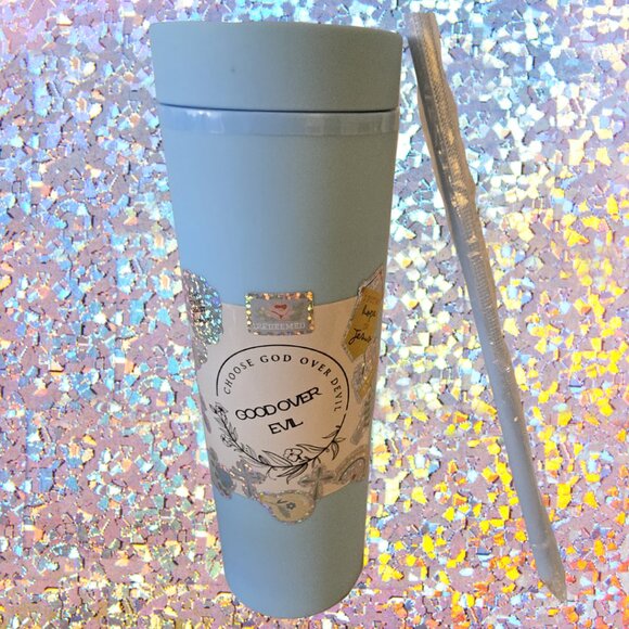 Skinny Tumbler Choose God Over Devil – Blue 20oz Mug with Straw – Christian - Picture 4 of 6